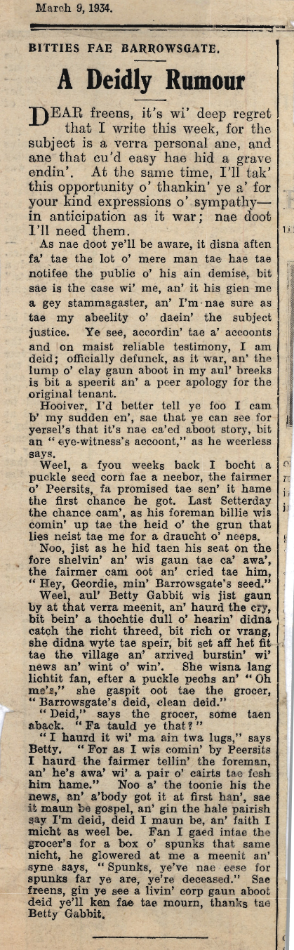 Wry obervations about rural life in north-east Scotland in the 1930s written by Barrowsgate in Doric
