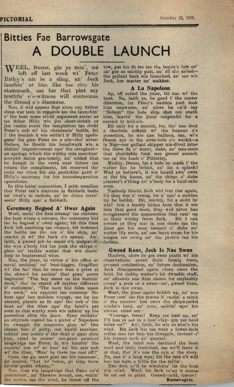 Wry obervations about rural life in north-east Scotland in the 1930s written by Barrowsgate in Doric