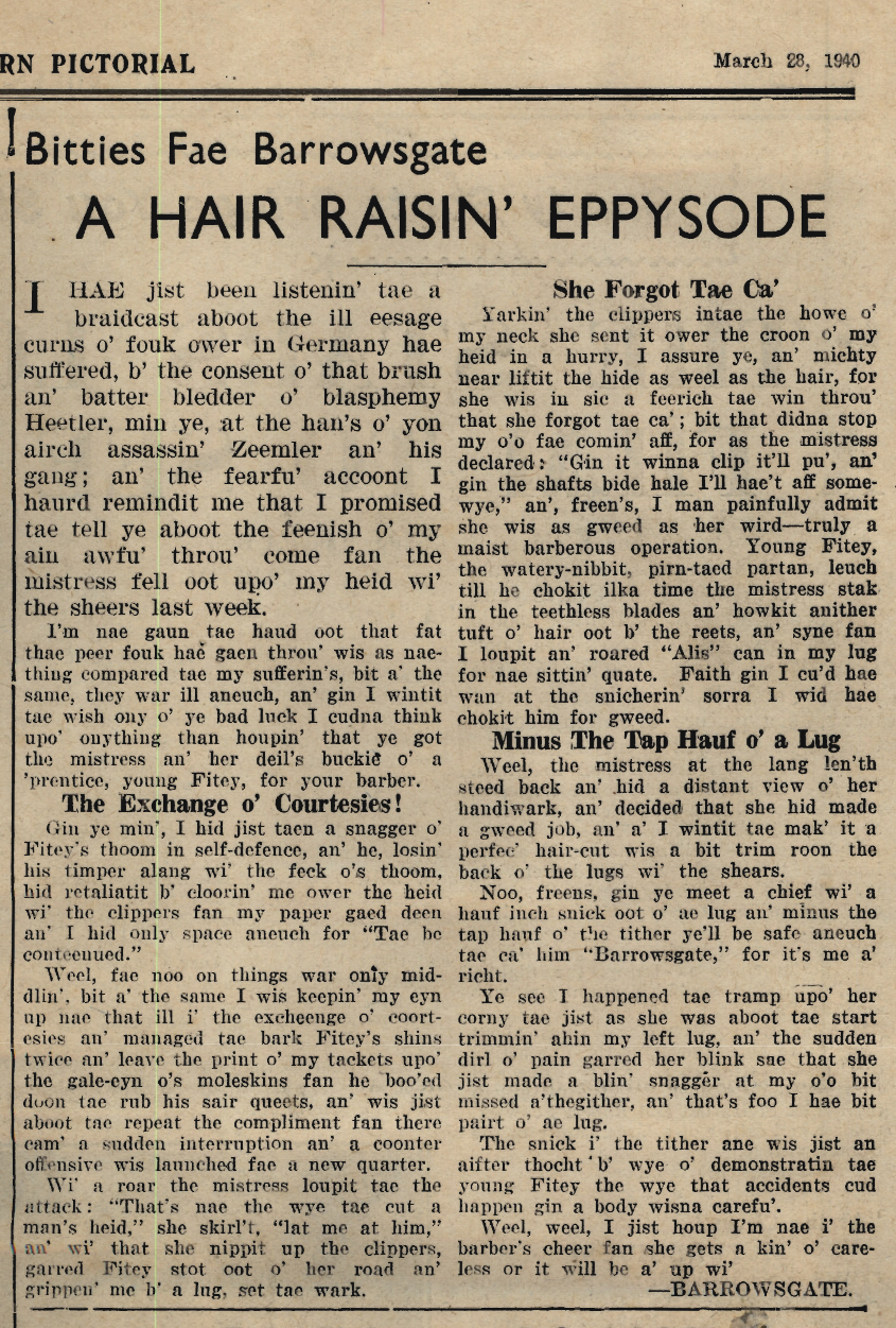Wry obervations about rural life in north-east Scotland in the 1930s written by Barrowsgate in Doric