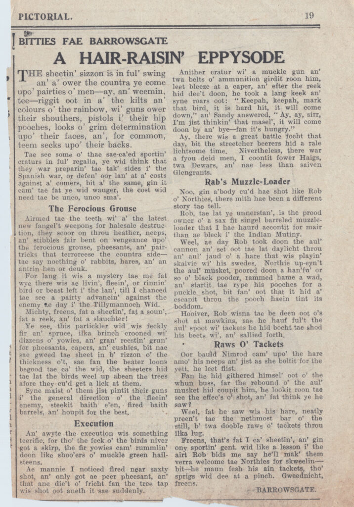 Wry obervations about rural life in north-east Scotland in the 1930s written by Barrowsgate in Doric