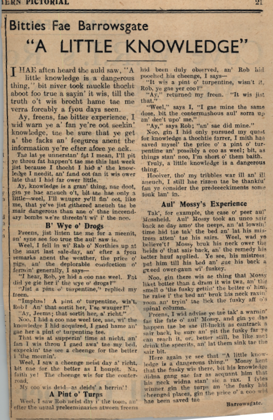 Wry obervations about rural life in north-east Scotland in the 1930s written by Barrowsgate in Doric