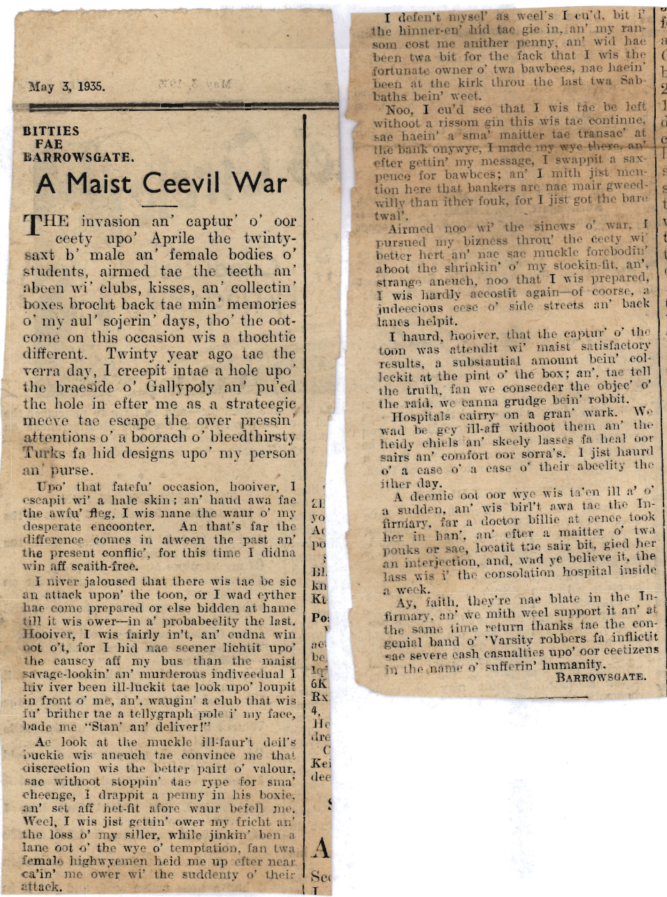 Wry obervations about rural life in north-east Scotland in the 1930s written by Barrowsgate in Doric