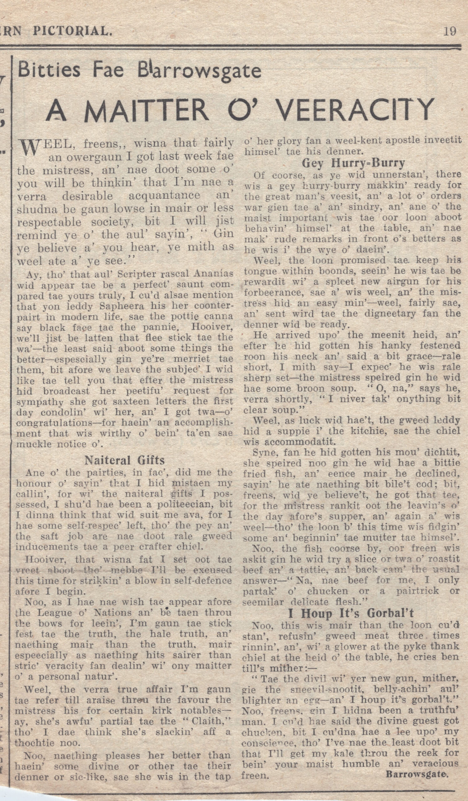 Wry obervations about rural life in north-east Scotland in the 1930s written by Barrowsgate in Doric