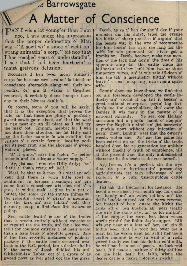 Wry obervations about rural life in north-east Scotland in the 1930s written by Barrowsgate in Doric