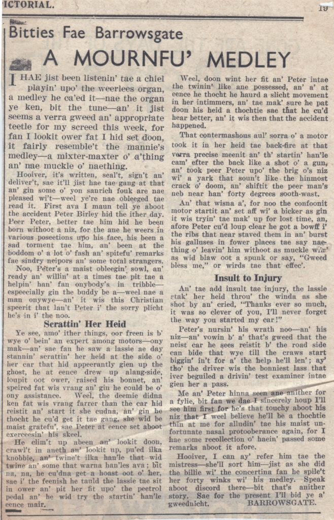 Wry obervations about rural life in north-east Scotland in the 1930s written by Barrowsgate in Doric