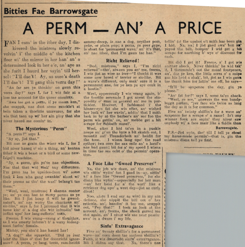 Wry obervations about rural life in north-east Scotland in the 1930s written by Barrowsgate in Doric