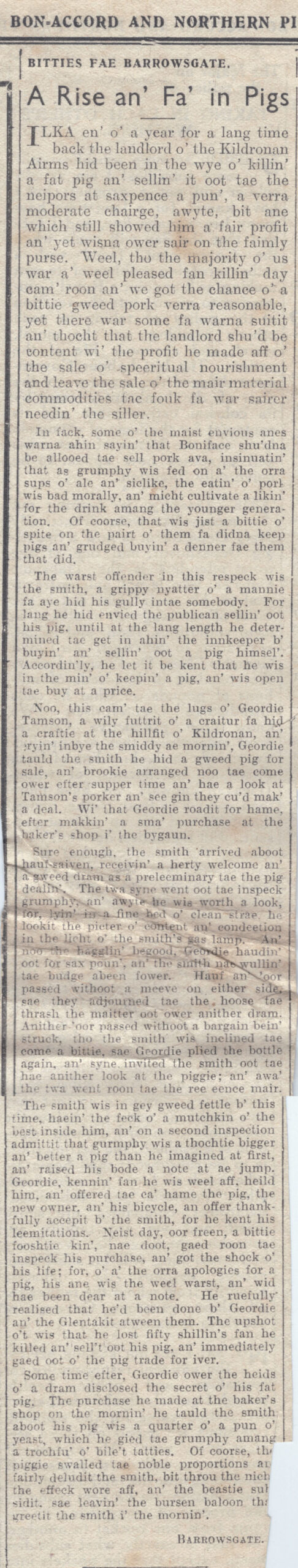 Wry obervations about rural life in north-east Scotland in the 1930s written by Barrowsgate in Doric