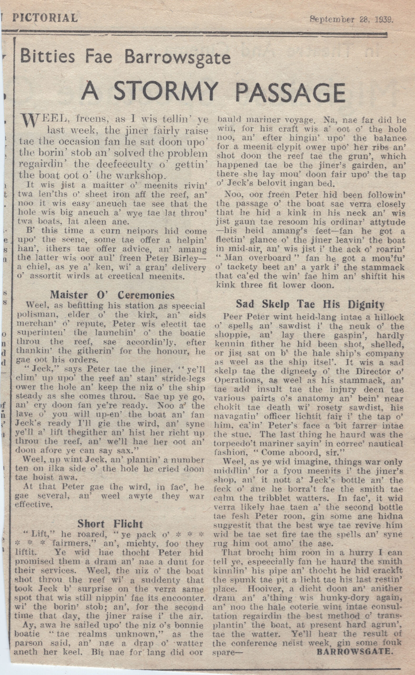 Wry obervations about rural life in north-east Scotland in the 1930s written by Barrowsgate in Doric
