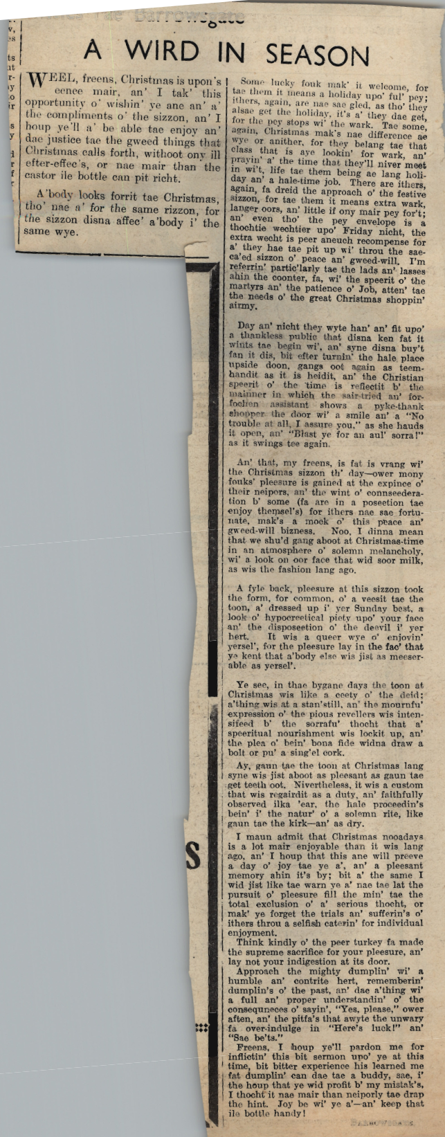 Wry obervations about rural life in north-east Scotland in the 1930s written by Barrowsgate in Doric