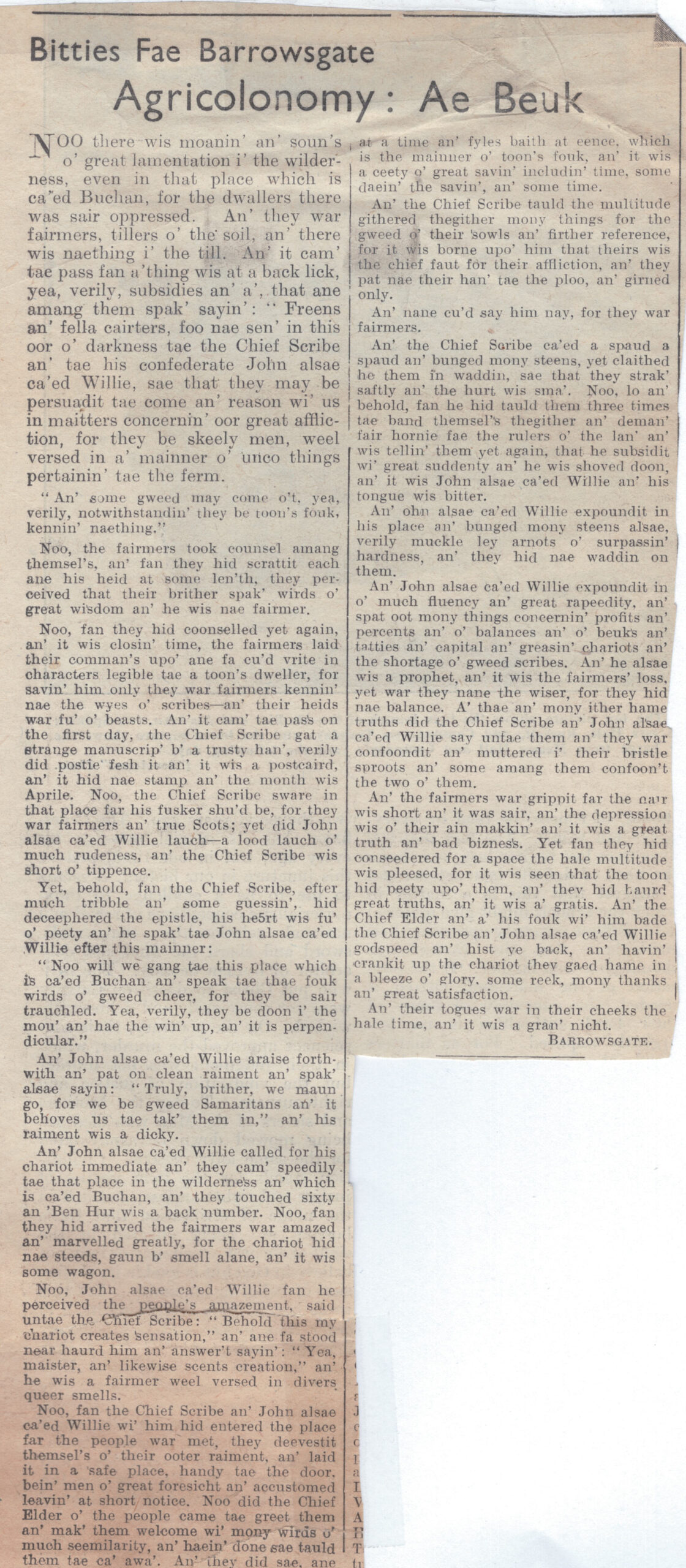 Wry obervations about rural life in north-east Scotland in the 1930s written by Barrowsgate in Doric