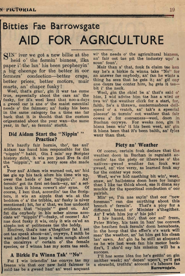 Wry obervations about rural life in north-east Scotland in the 1930s written by Barrowsgate in Doric