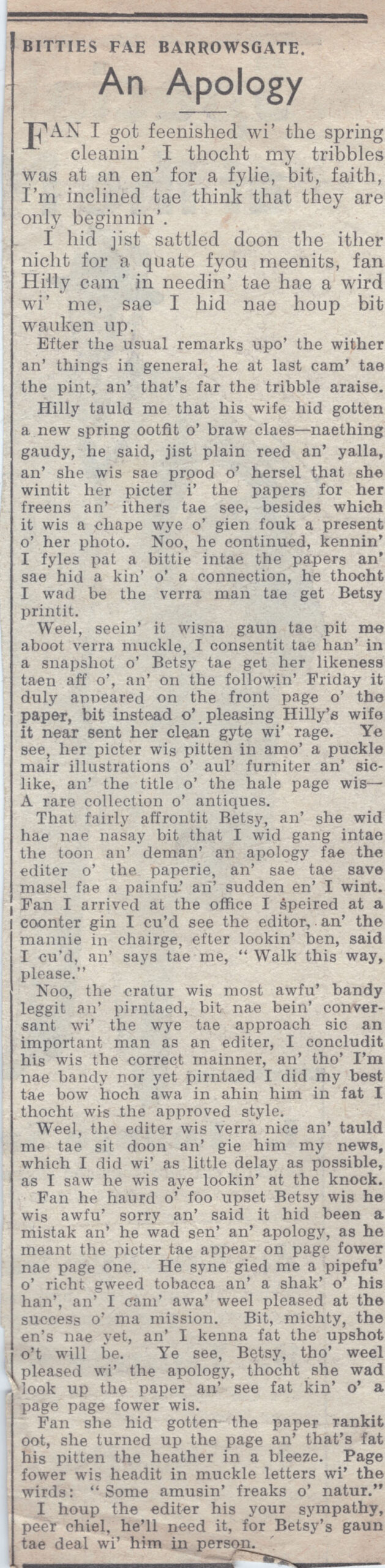 Wry obervations about rural life in north-east Scotland in the 1930s written by Barrowsgate in Doric
