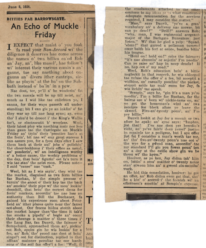 Wry obervations about rural life in north-east Scotland in the 1930s written by Barrowsgate in Doric