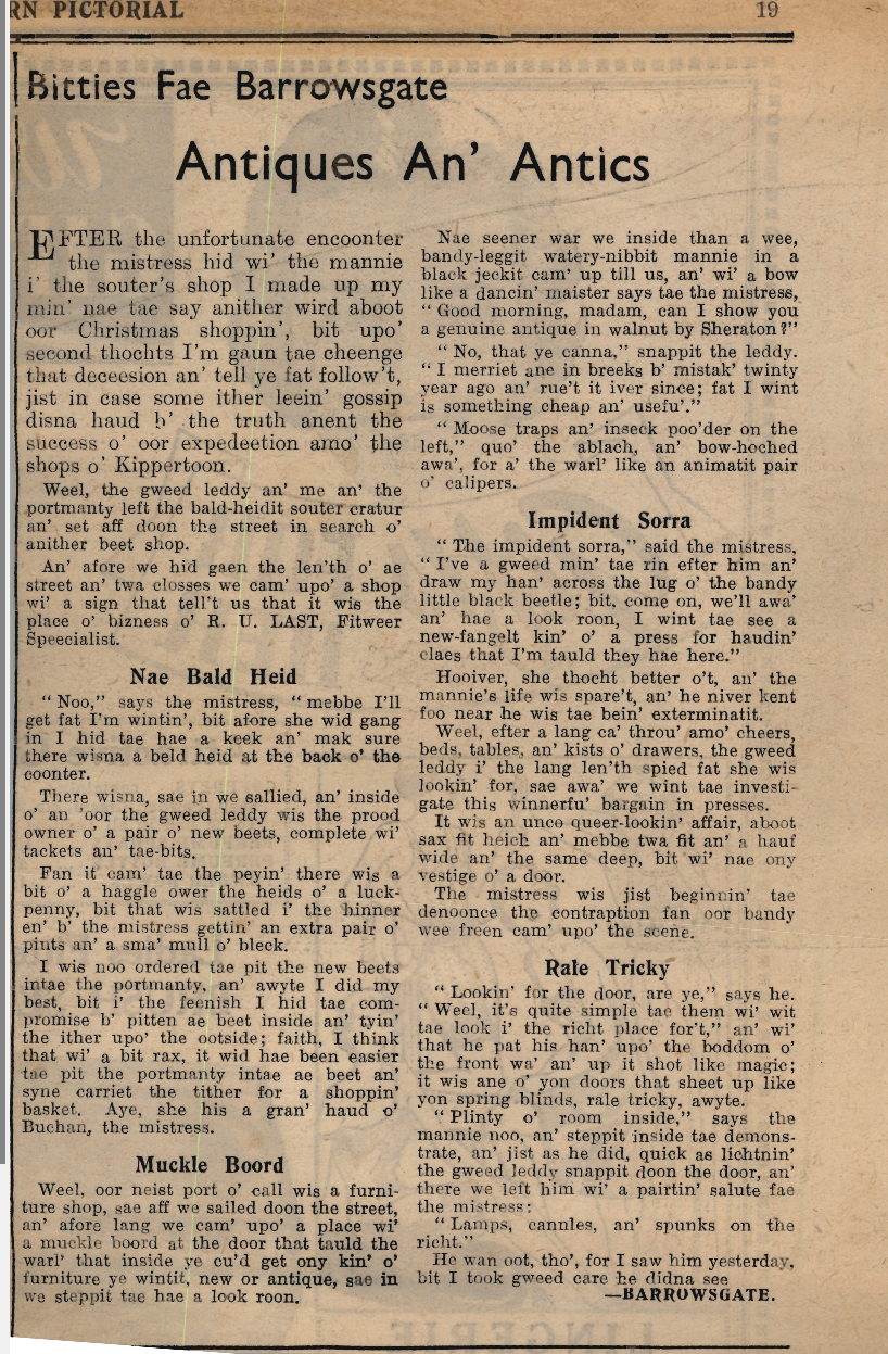 Wry obervations about rural life in north-east Scotland in the 1930s written by Barrowsgate in Doric