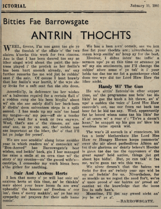 Wry obervations about rural life in north-east Scotland in the 1930s written by Barrowsgate in Doric
