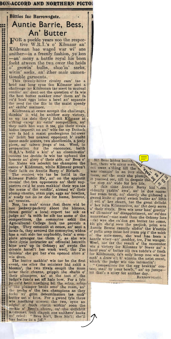 Wry obervations about rural life in north-east Scotland in the 1930s written by Barrowsgate in Doric