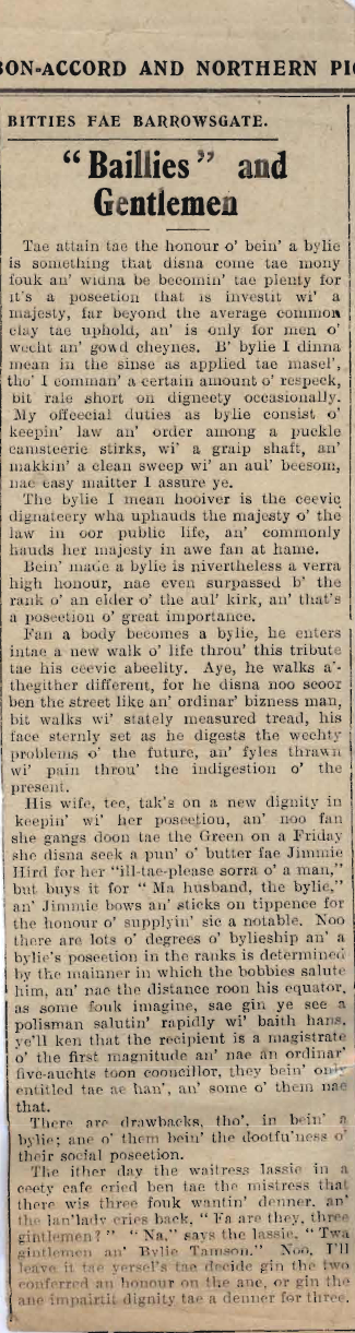 Wry obervations about rural life in north-east Scotland in the 1930s written by Barrowsgate in Doric