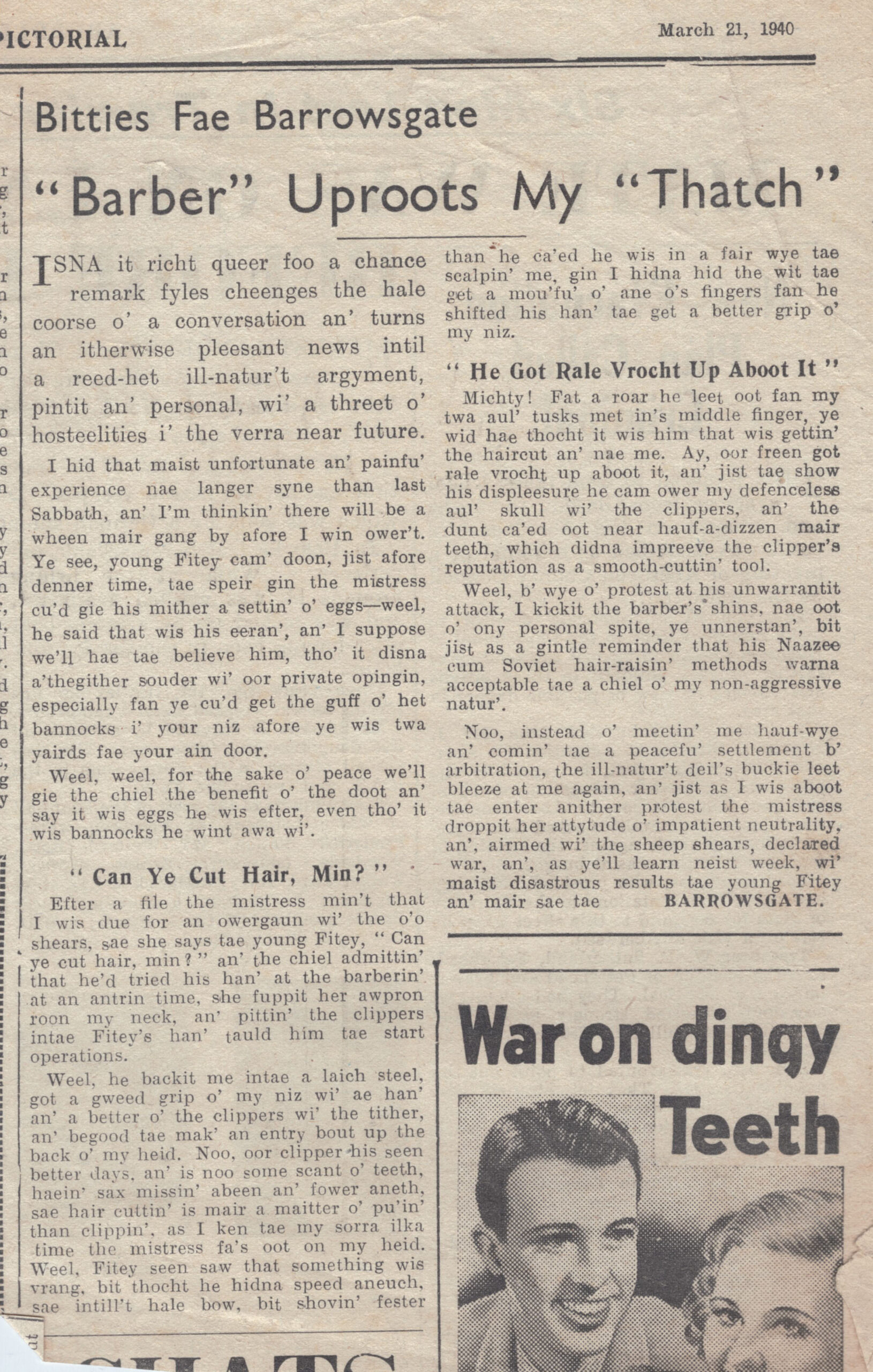 Wry obervations about rural life in north-east Scotland in the 1930s written by Barrowsgate in Doric