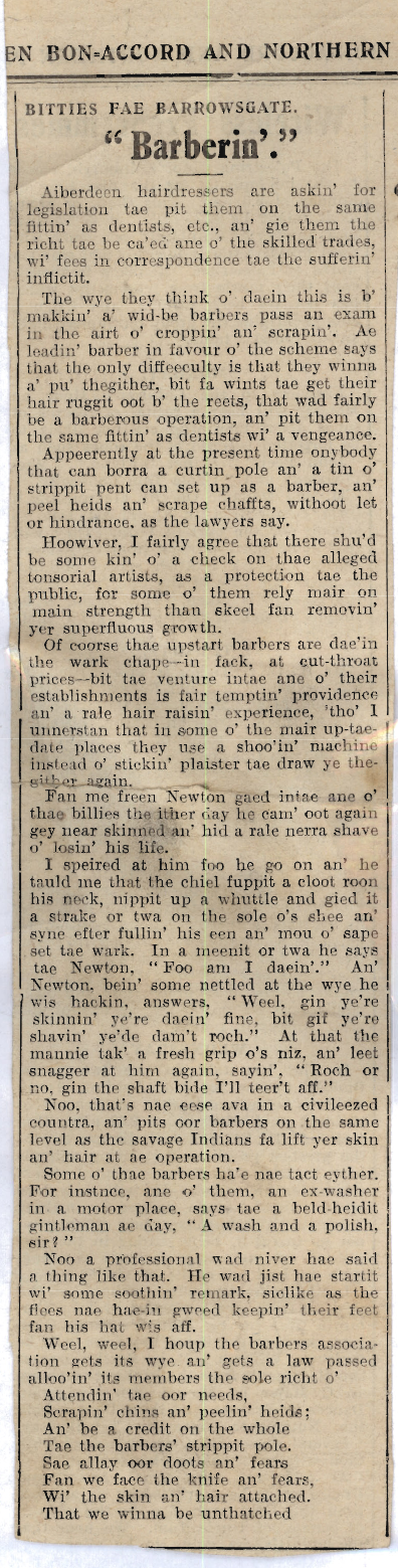 Wry obervations about rural life in north-east Scotland in the 1930s written by Barrowsgate in Doric