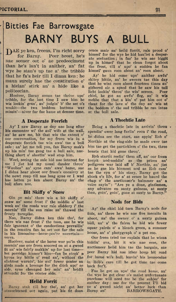 Wry obervations about rural life in north-east Scotland in the 1930s written by Barrowsgate in Doric