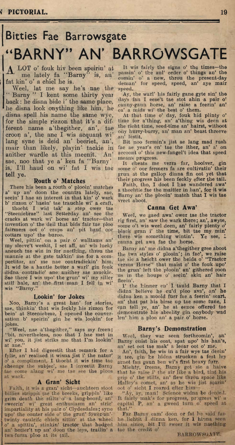Wry obervations about rural life in north-east Scotland in the 1930s written by Barrowsgate in Doric