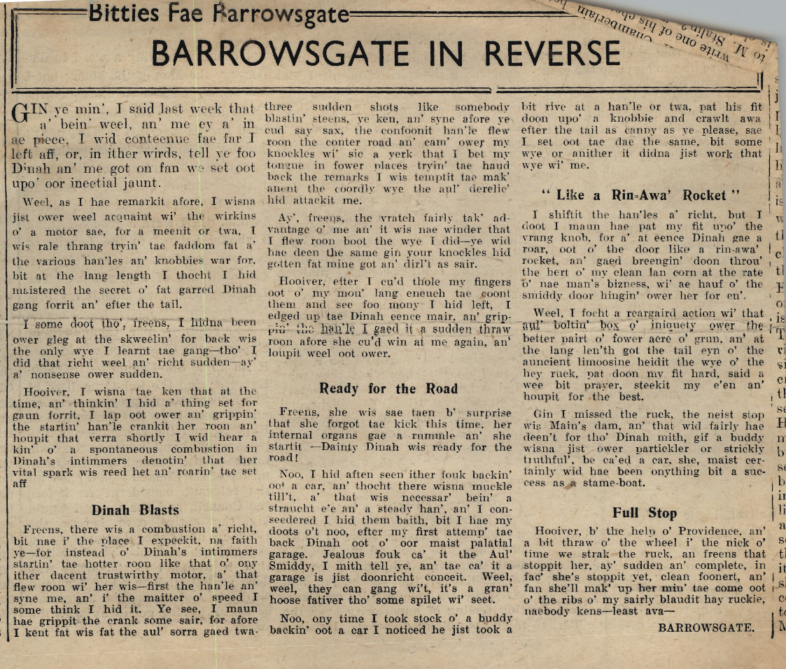Wry obervations about rural life in north-east Scotland in the 1930s written by Barrowsgate in Doric