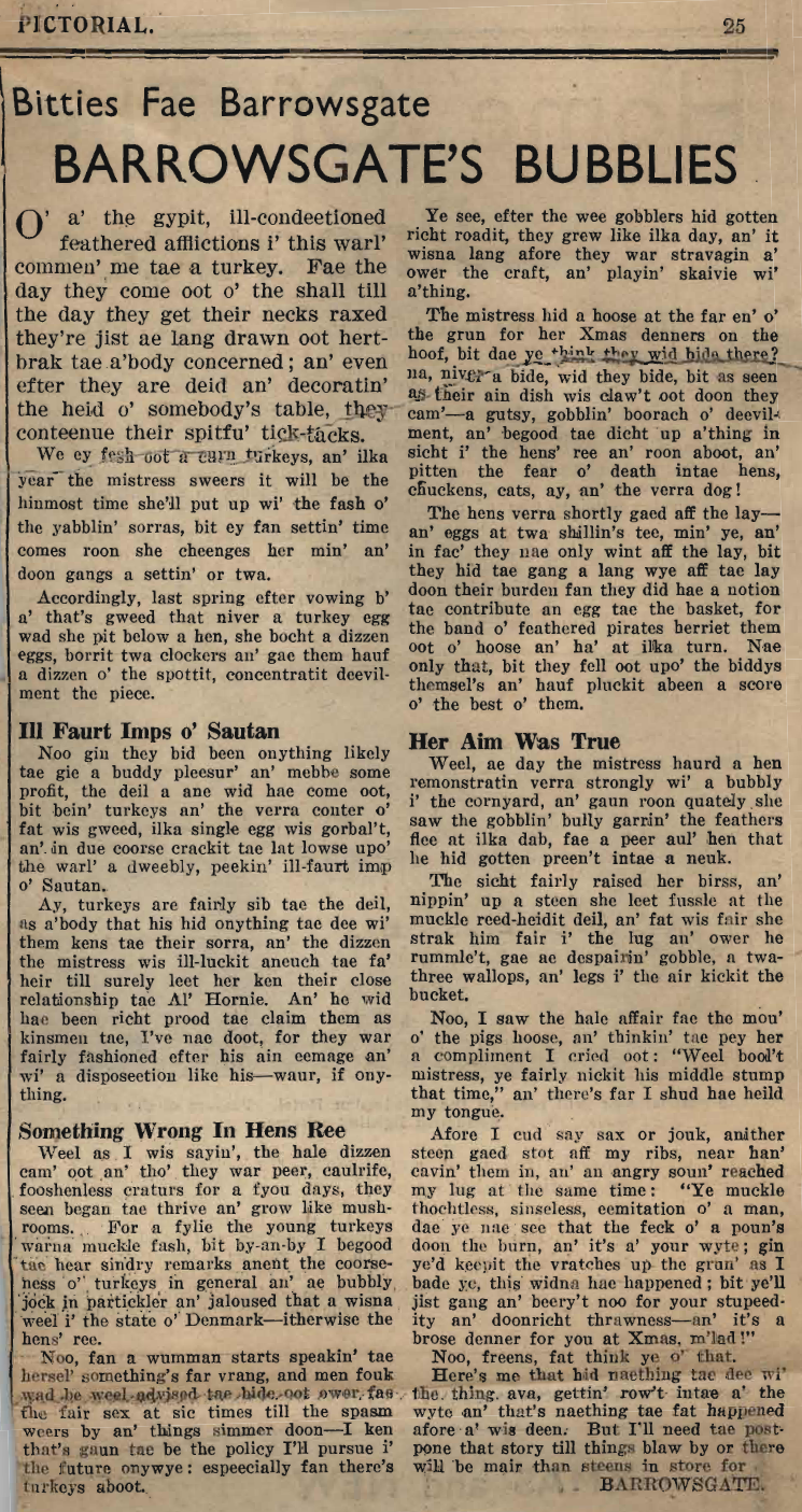 Wry obervations about rural life in north-east Scotland in the 1930s written by Barrowsgate in Doric