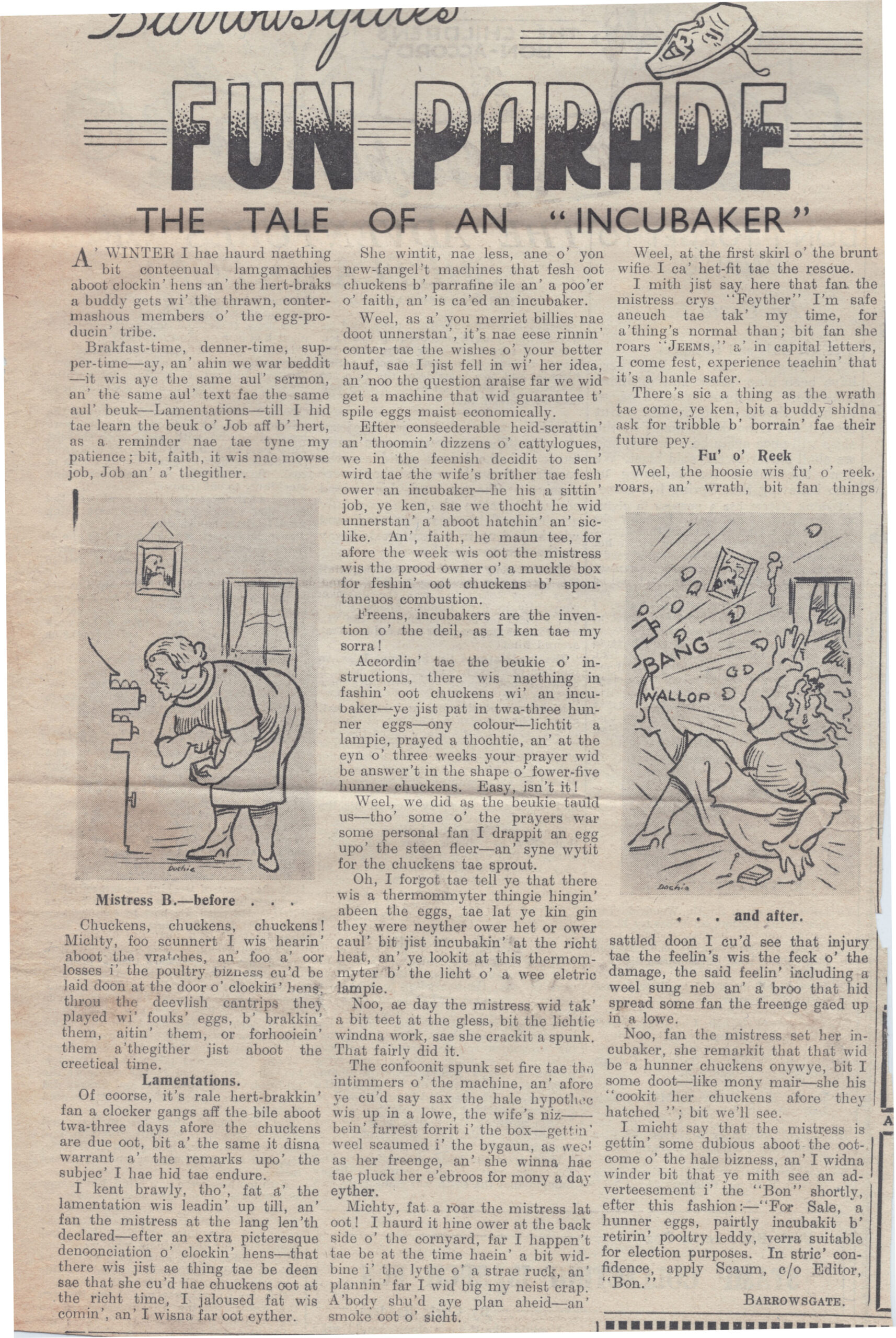Wry obervations about rural life in north-east Scotland in the 1930s written by Barrowsgate in Doric