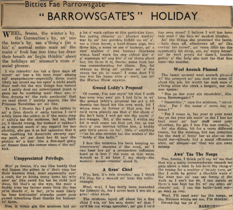 Wry obervations about rural life in north-east Scotland in the 1930s written by Barrowsgate in Doric