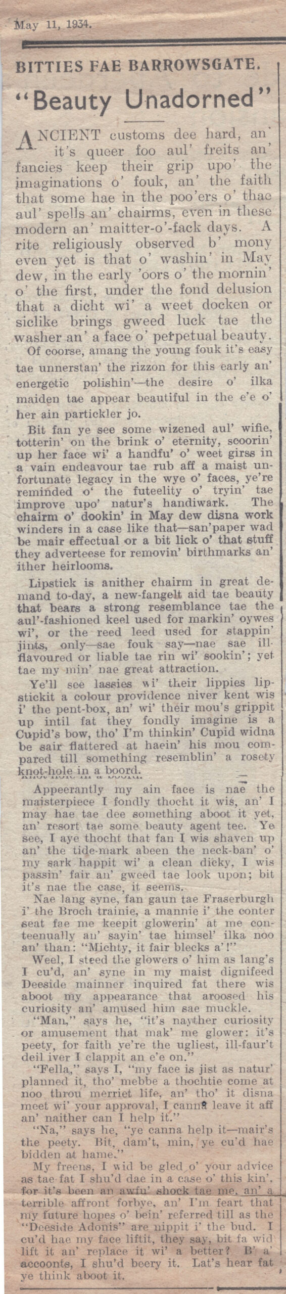 Wry obervations about rural life in north-east Scotland in the 1930s written by Barrowsgate in Doric
