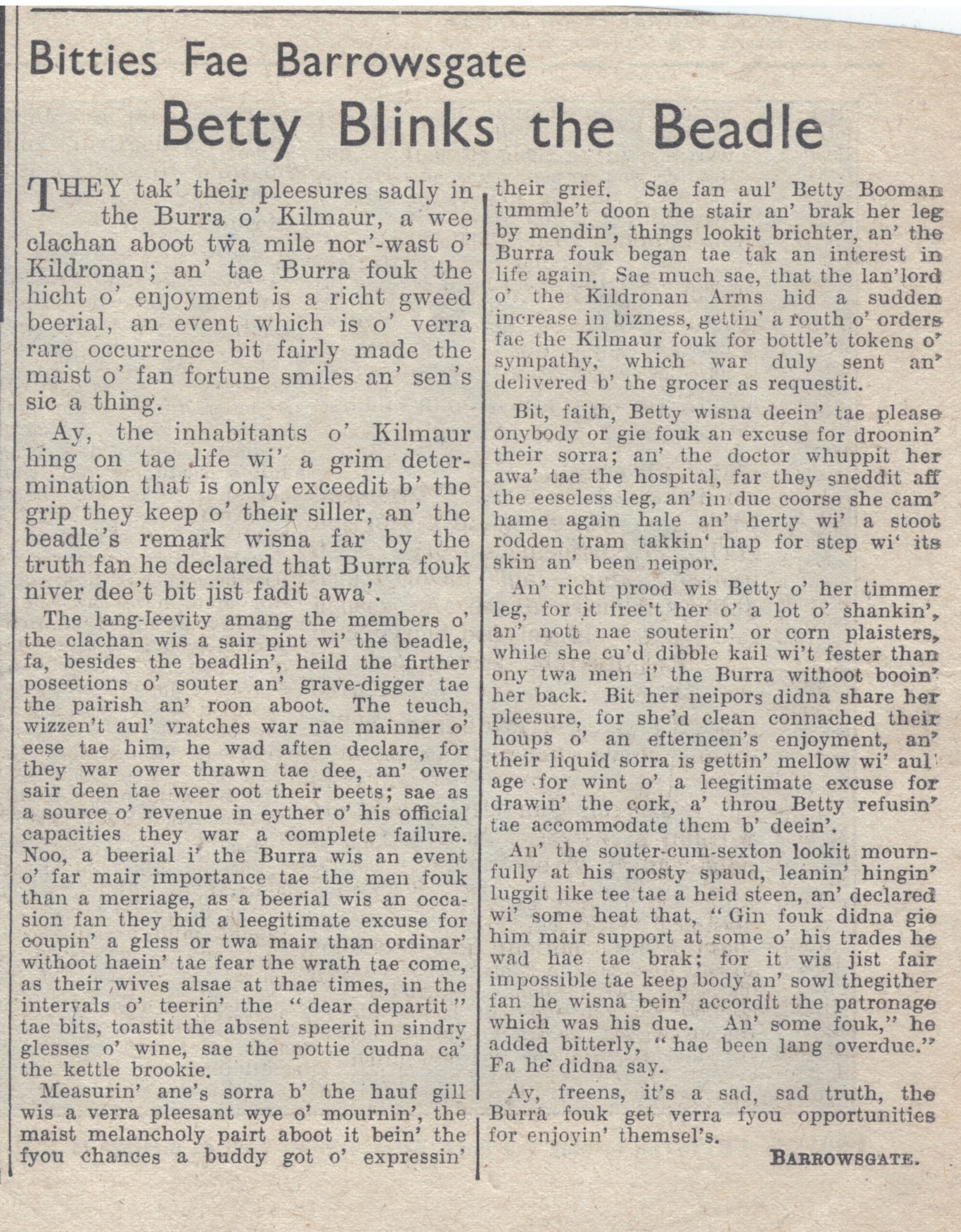 Wry obervations about rural life in north-east Scotland in the 1930s written by Barrowsgate in Doric