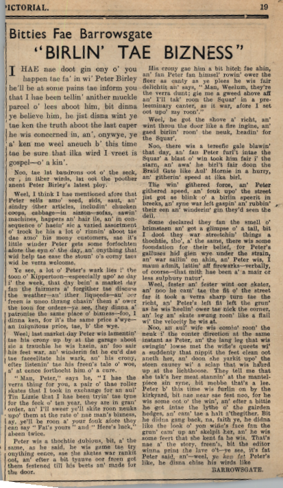 Wry obervations about rural life in north-east Scotland in the 1930s written by Barrowsgate in Doric