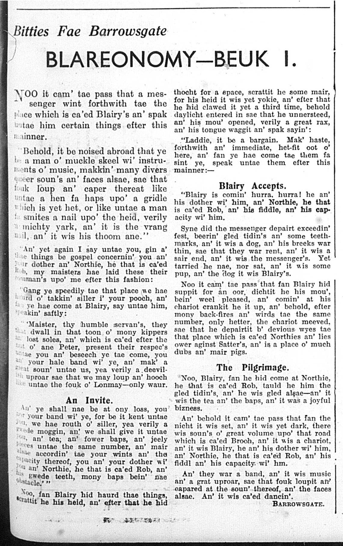 Wry obervations about rural life in north-east Scotland in the 1930s written by Barrowsgate in Doric
