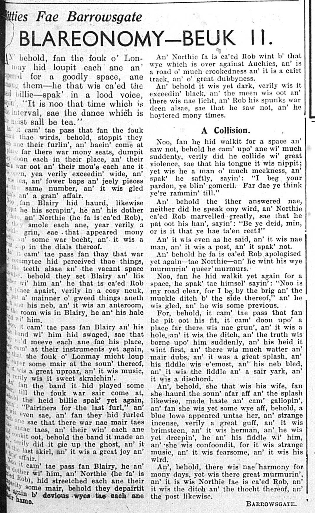 Wry obervations about rural life in north-east Scotland in the 1930s written by Barrowsgate in Doric