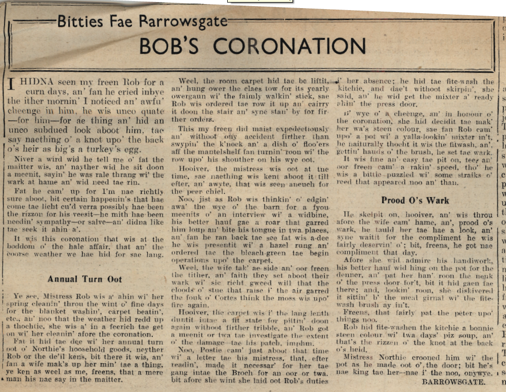 Wry obervations about rural life in north-east Scotland in the 1930s written by Barrowsgate in Doric
