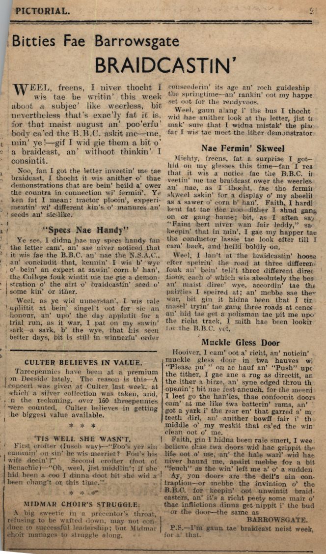 Wry obervations about rural life in north-east Scotland in the 1930s written by Barrowsgate in Doric