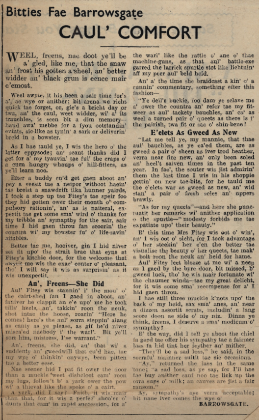 Wry obervations about rural life in north-east Scotland in the 1930s written by Barrowsgate in Doric
