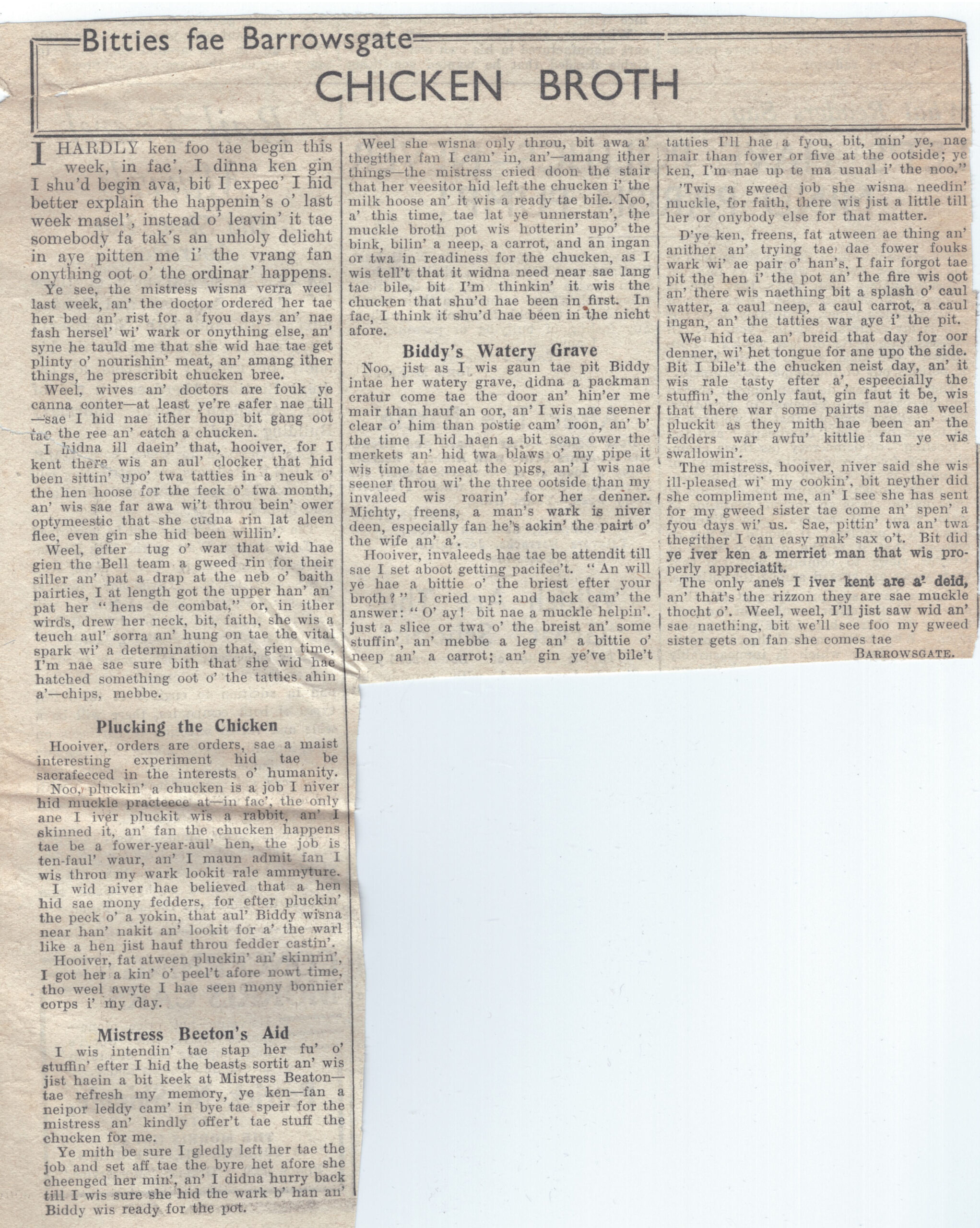 Wry obervations about rural life in north-east Scotland in the 1930s written by Barrowsgate in Doric