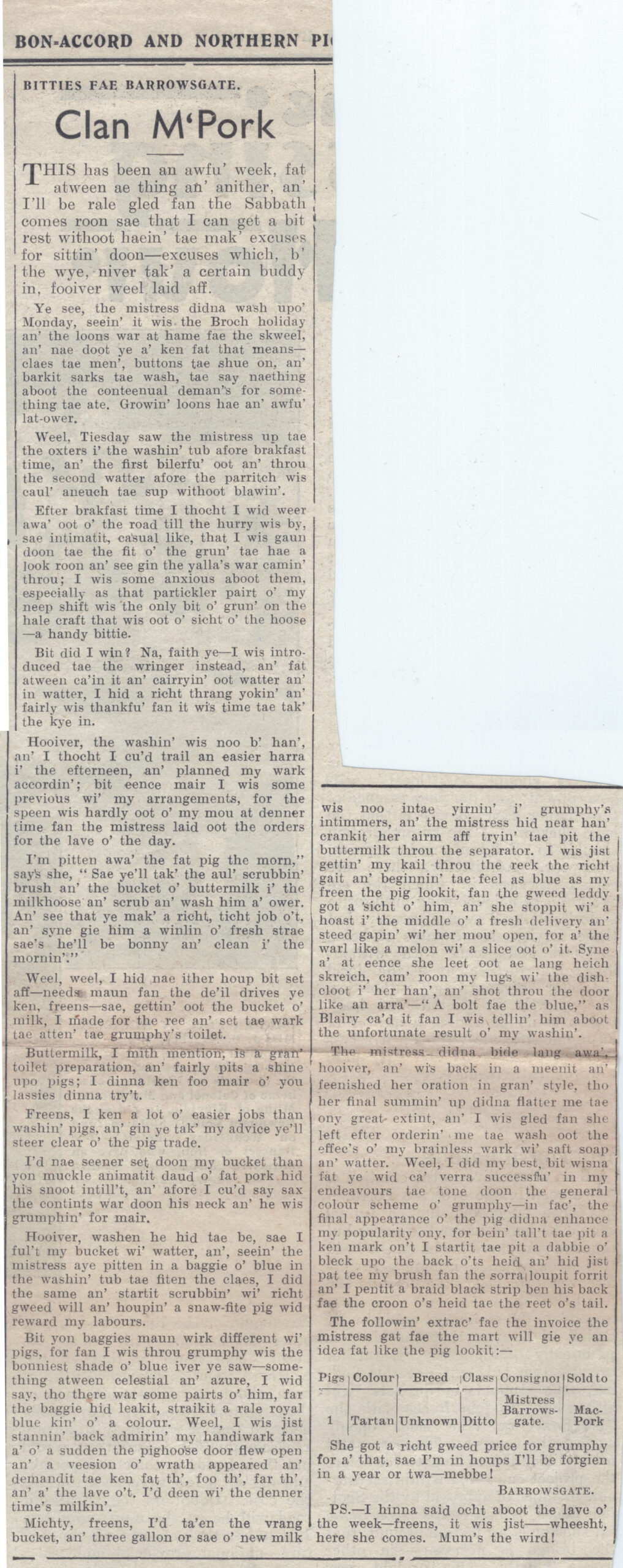 Wry obervations about rural life in north-east Scotland in the 1930s written by Barrowsgate in Doric