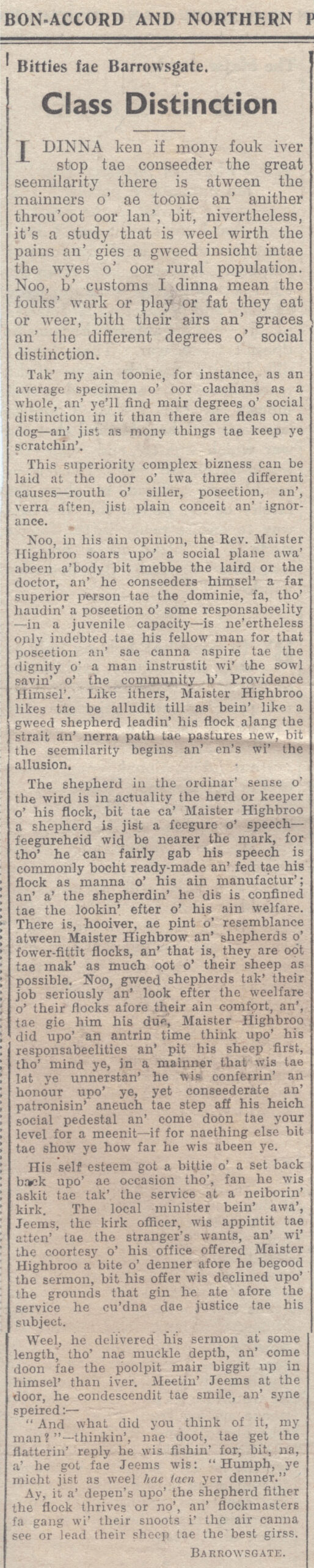 Wry obervations about rural life in north-east Scotland in the 1930s written by Barrowsgate in Doric