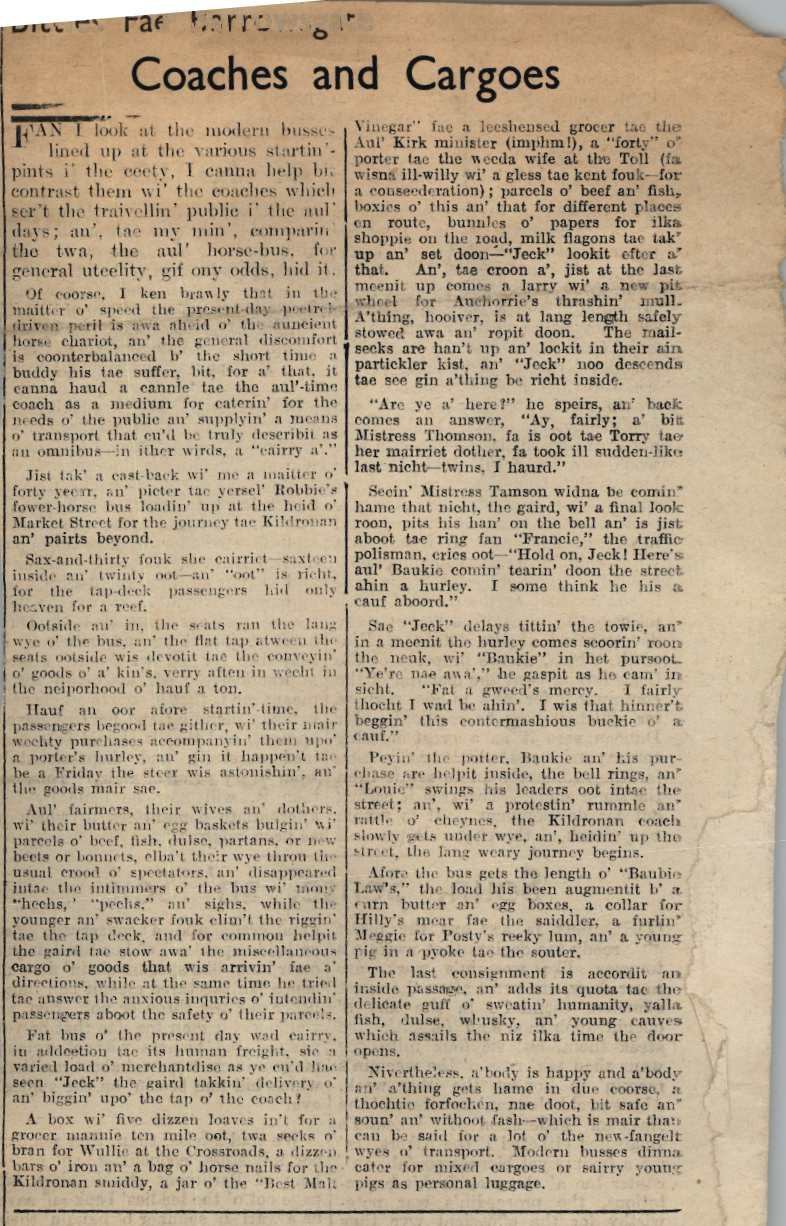 Wry obervations about rural life in north-east Scotland in the 1930s written by Barrowsgate in Doric