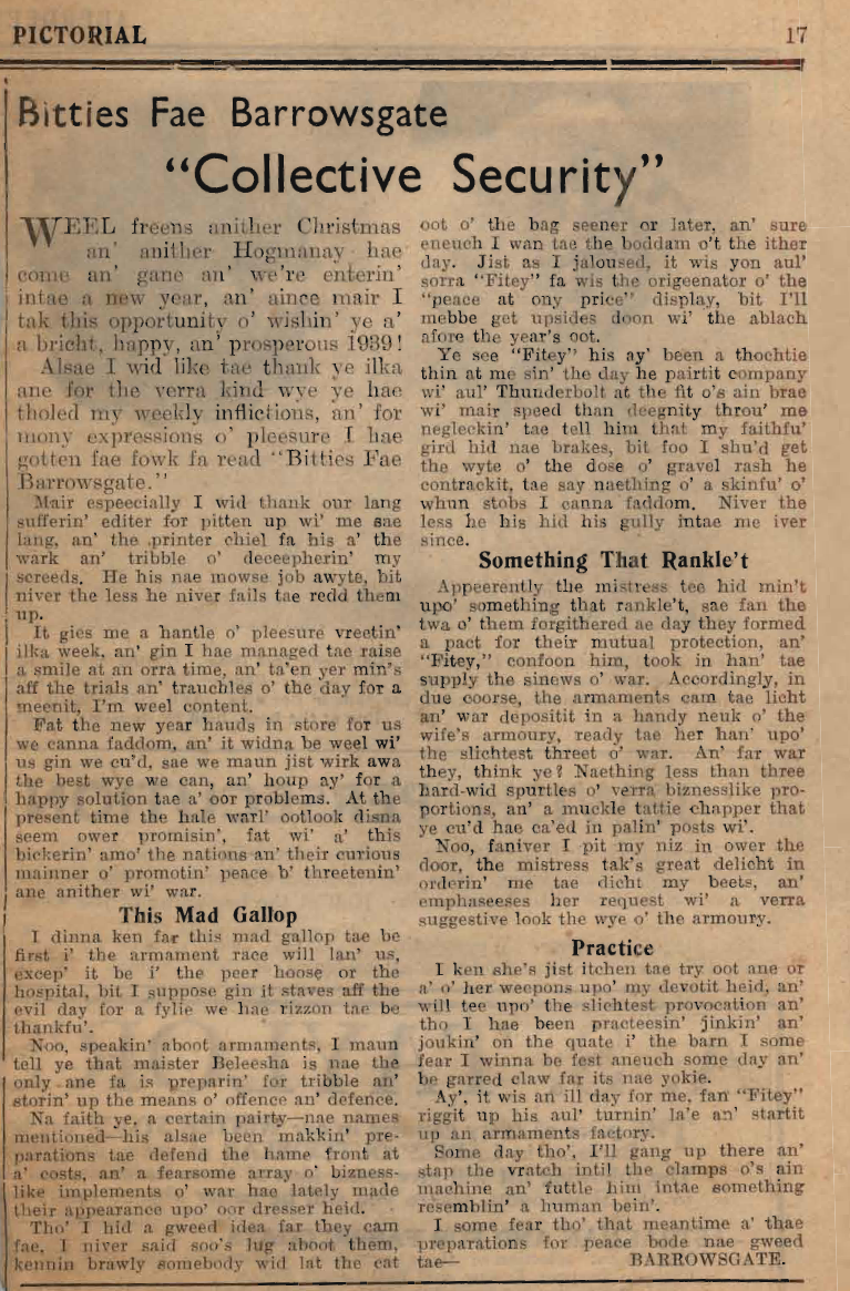 Wry obervations about rural life in north-east Scotland in the 1930s written by Barrowsgate in Doric