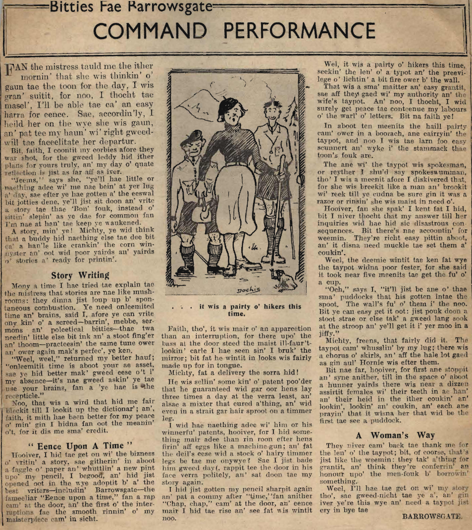 Wry obervations about rural life in north-east Scotland in the 1930s written by Barrowsgate in Doric