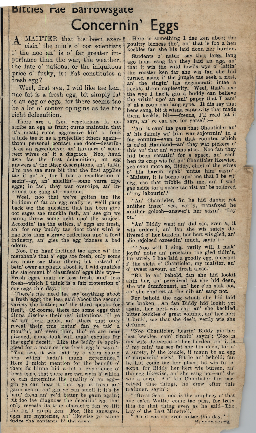 Wry obervations about rural life in north-east Scotland in the 1930s written by Barrowsgate in Doric