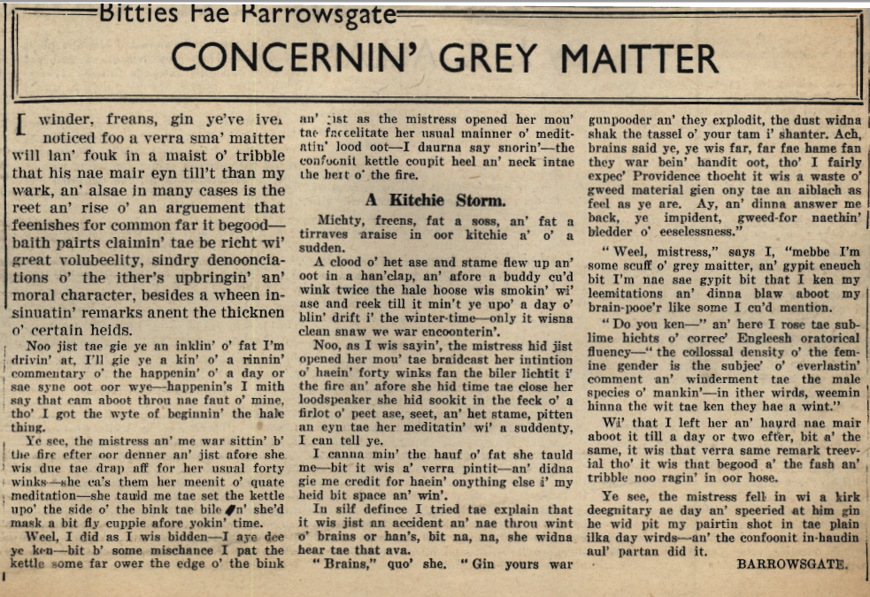 Wry obervations about rural life in north-east Scotland in the 1930s written by Barrowsgate in Doric
