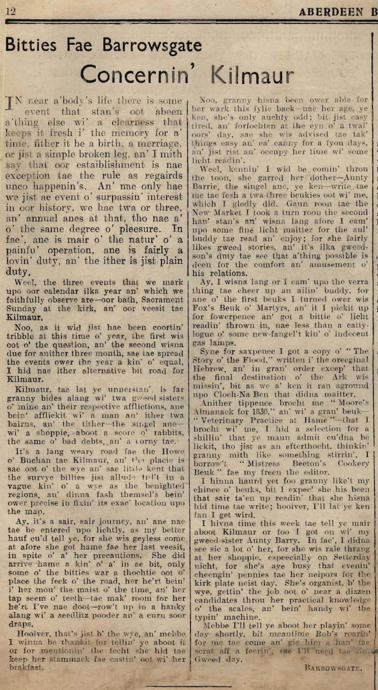 Wry obervations about rural life in north-east Scotland in the 1930s written by Barrowsgate in Doric
