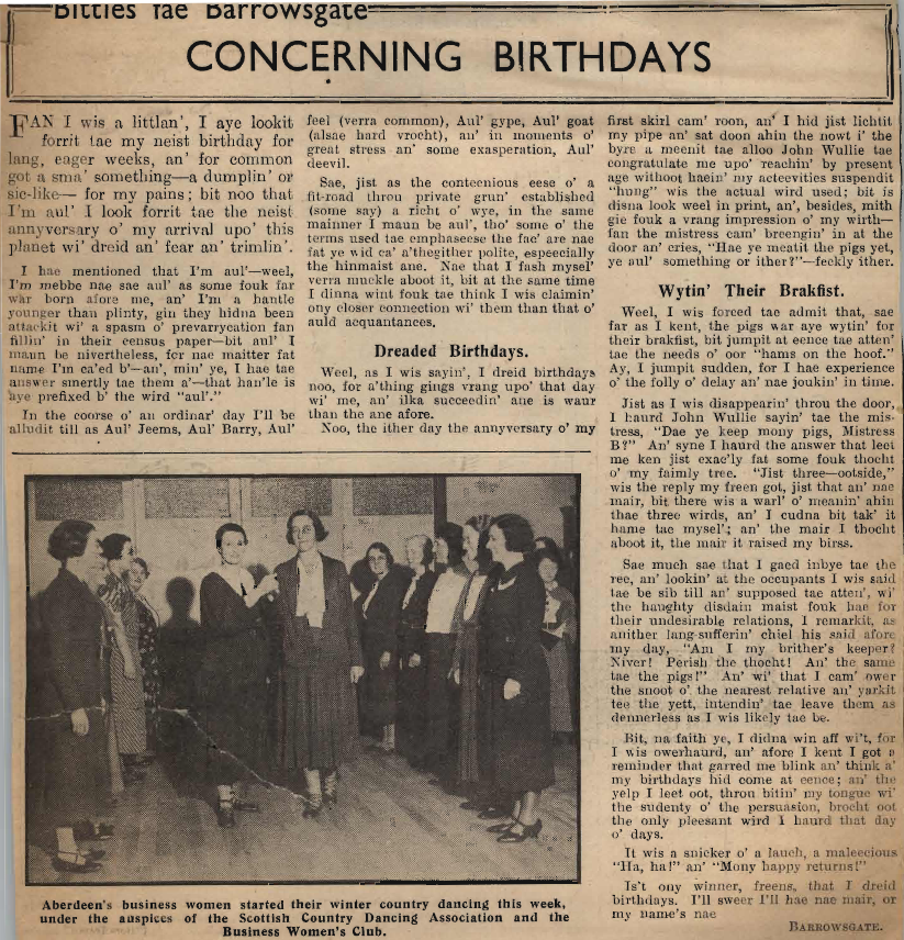 Wry obervations about rural life in north-east Scotland in the 1930s written by Barrowsgate in Doric