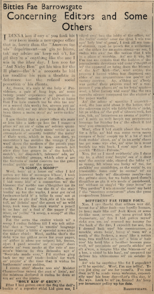 Wry obervations about rural life in north-east Scotland in the 1930s written by Barrowsgate in Doric