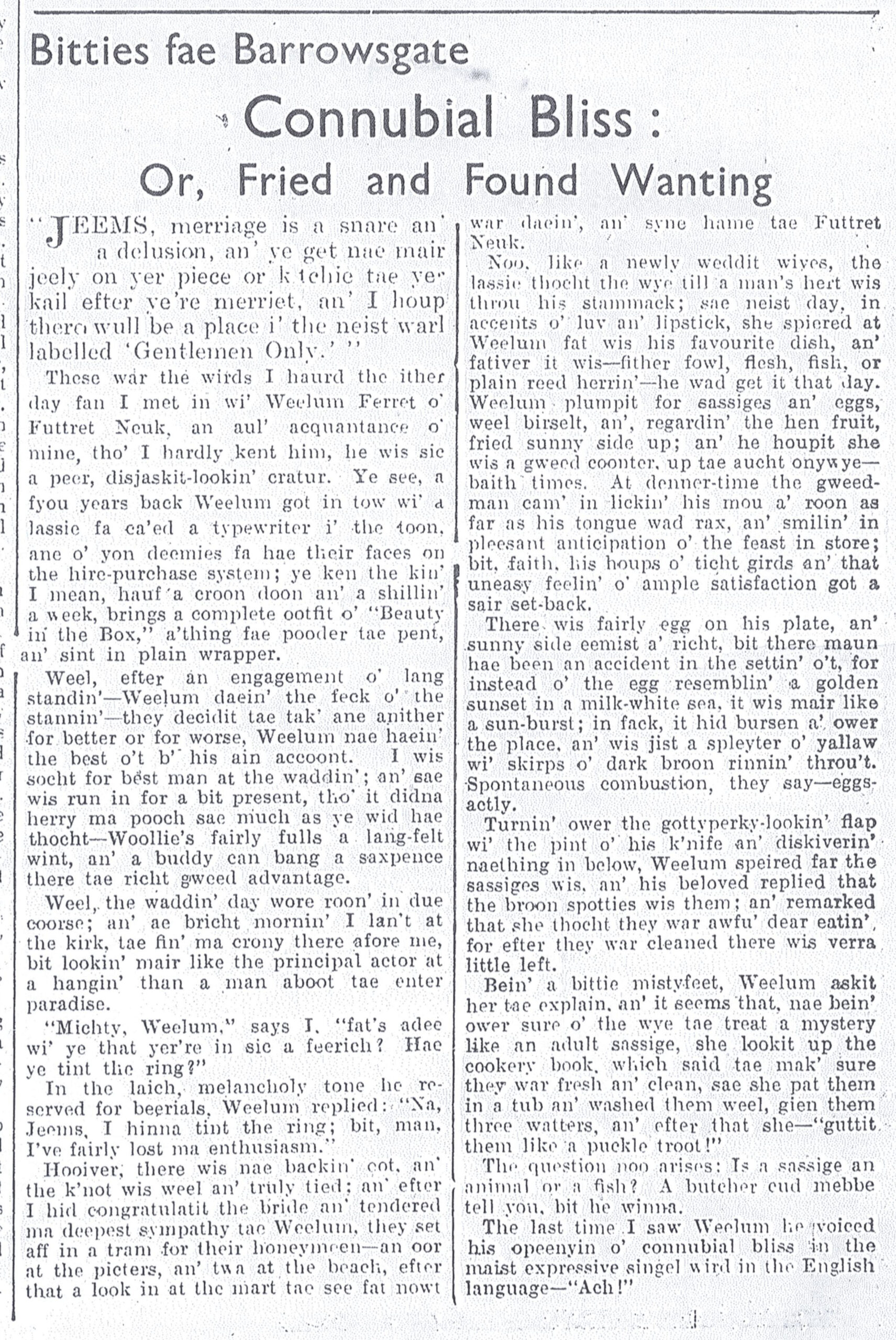 Wry obervations about rural life in north-east Scotland in the 1930s written by Barrowsgate in Doric