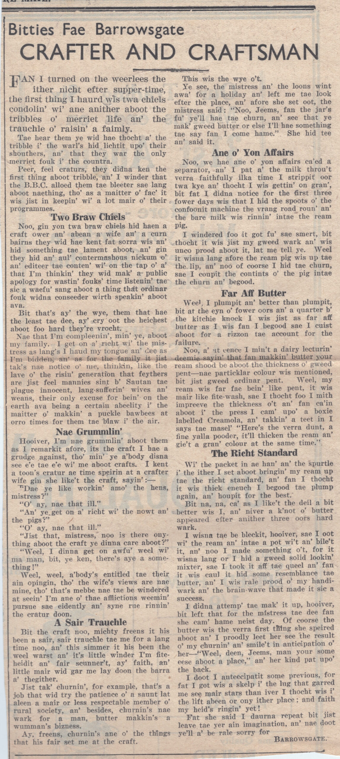 Wry obervations about rural life in north-east Scotland in the 1930s written by Barrowsgate in Doric